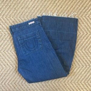 True Religion - Cropped Ankle Wide Legged Straight Denim Pants - Dark Wash - 30